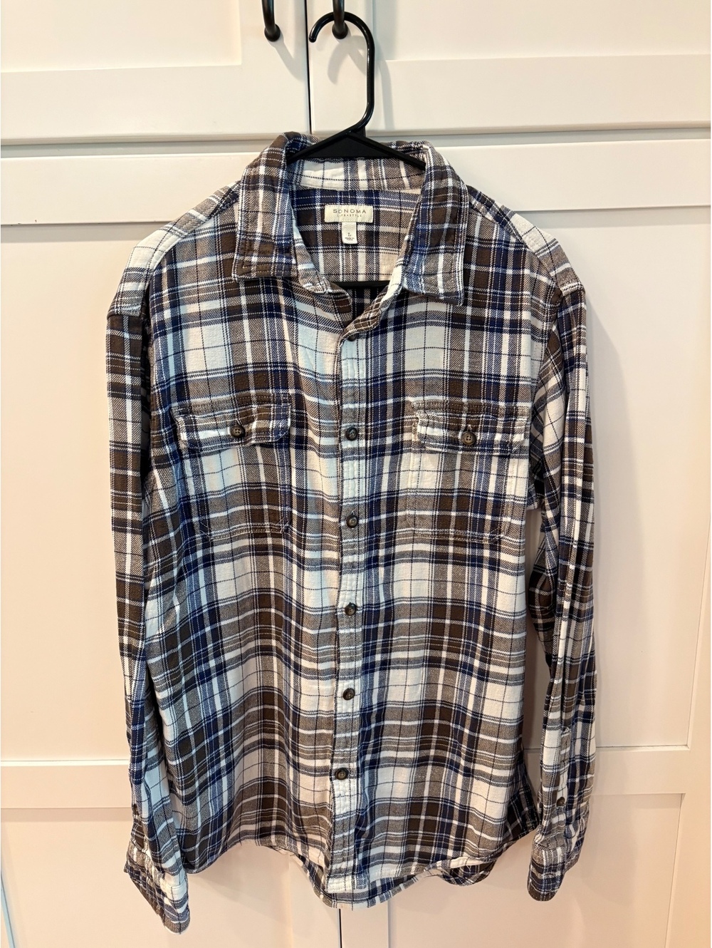 Sonoma Life + Style Men's Large Brown and Blue Plaid Cotton Shirt